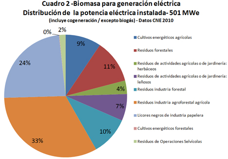 Gráfico con porcentajes sobre la biomasa destinada para generación eléctrica