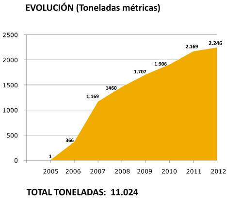 Gráfico evolución de recogidas desde el comienzo de actividad de Ambilamp en 2005