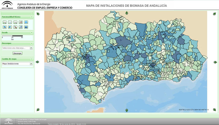 Mapa de instalaciones de biomasa en Andalucía. Crece el consumo de biomasa en el sector residencial.