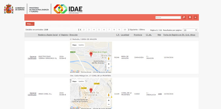 IDAE publica en su página web el Listado de Proveedores de Servicios Energéticos. Pantallazo página web.