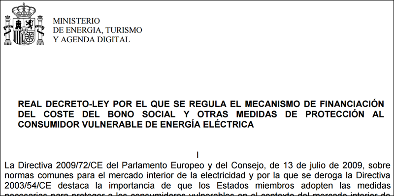 Real Decreto que regula el bono social y limita los cortes de suministro eléctrico.