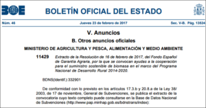 Extracto del BOE del 23 de febrero de 2017. Ayudas proyectos y prácticas medioambientales y suministro sostenible de biomasa en el sector agroalimentario.
