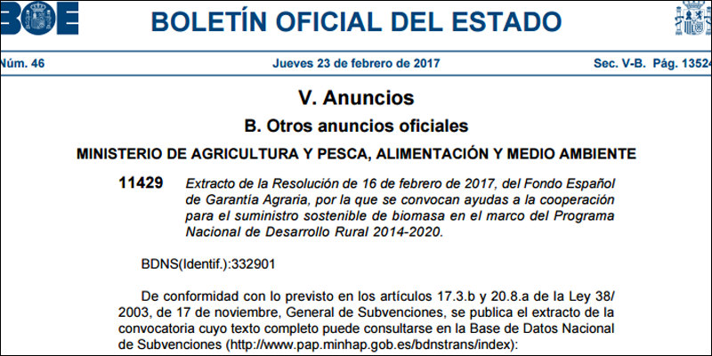 Extracto del BOE del 23 de febrero de 2017. Ayudas proyectos y prácticas medioambientales y suministro sostenible de biomasa en el sector agroalimentario.