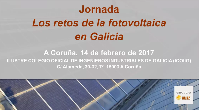 Cartel anunciador de la jornada en Galicia sobre los retos del sector fotovoltaico. 