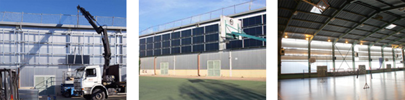 Tres imágenes distintas que muestran la instalación de ventilación solar en un pabellón deportivo. 