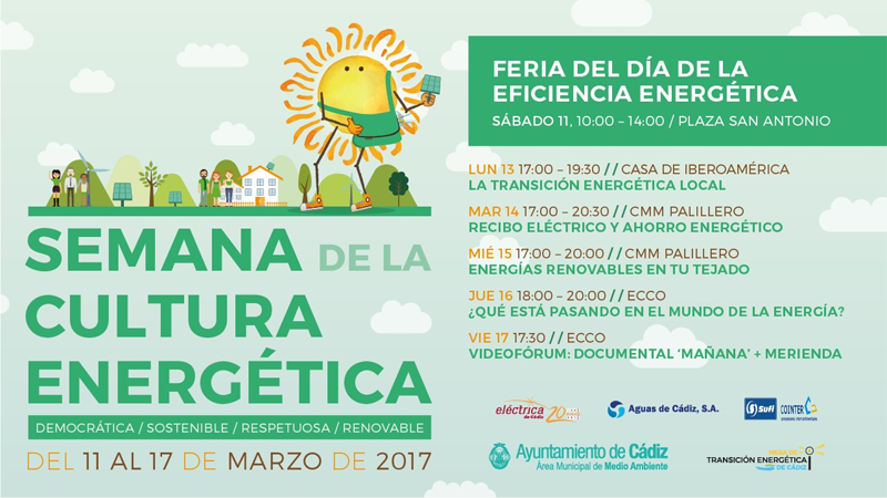Cartel informativo sobre las actividades programadas en la Semana Cultural Energética 2017 del Ayuntamiento de Cádiz. 