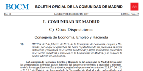 Convocados los Premios a la Mejor Instalación Geotérmica en Comunidad de Madrid