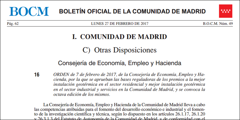 Premios Comunidad de Madrid a la Mejor Instalación Geotérmica.