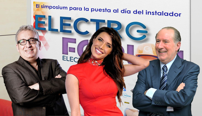 Leo Harlem, Pilar Rubio y Jose María Gay de Liébana posan ante el cartel de Electro Forum 2017.