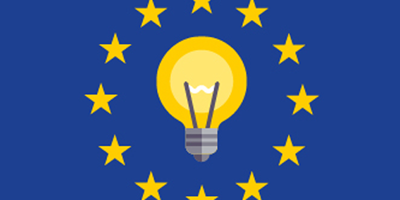 Infografía que representa la bandera de la Unión Europea con una bombilla amarilla dentro del círculo de estrellas.
