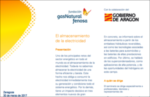 Fragmento del tríptico que informa sobre el seminario organizado por Fundación Gas Natural Fenosa y Gobierno de Aragón sobre el almacenamiento de electricidad.