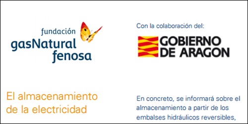 Fragmento del tríptico que informa sobre el seminario organizado por Fundación Gas Natural Fenosa y Gobierno de Aragón sobre el almacenamiento de electricidad.