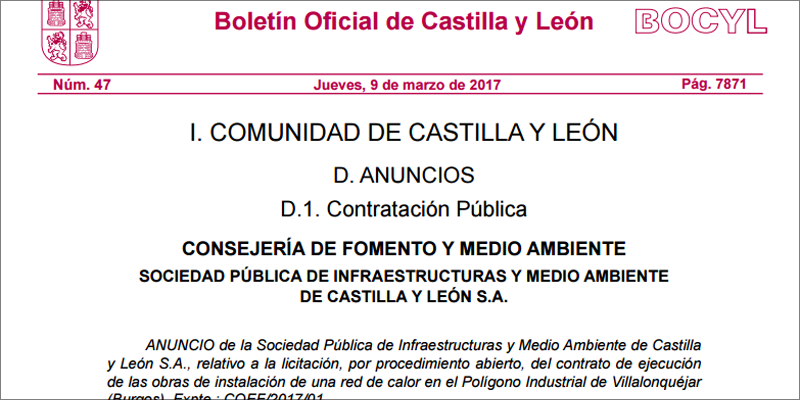 Fragmento del anuncio de licitación de las obras de construcción de una red de calor en Burgos, publicado por Somacyl en el Boletín Oficial de Castilla y León.