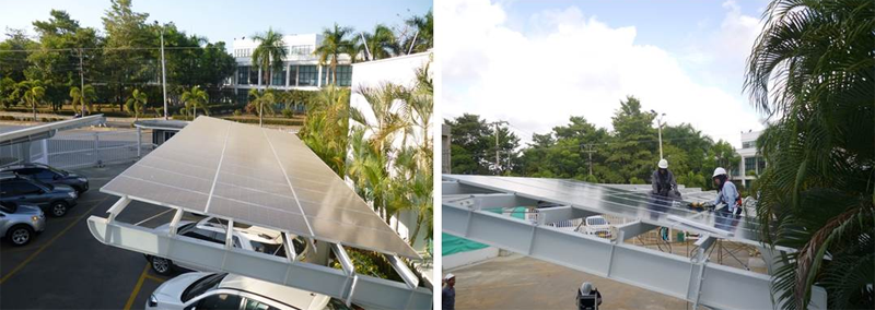 Paneles fotovoltaicos sobre pérgolas de un aparcamiento en la sede la empresa colombiana Urrá. 