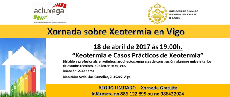 Anuncio de la Jornada sobre Geotermia organizada por Acluxega en Vigo. 