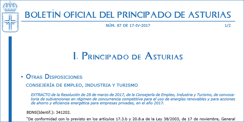 Extracto de la resolución de convocatoria de ayudas para uso de energías renovables y acciones de eficiencia energética para empresas privadas de Asturias.