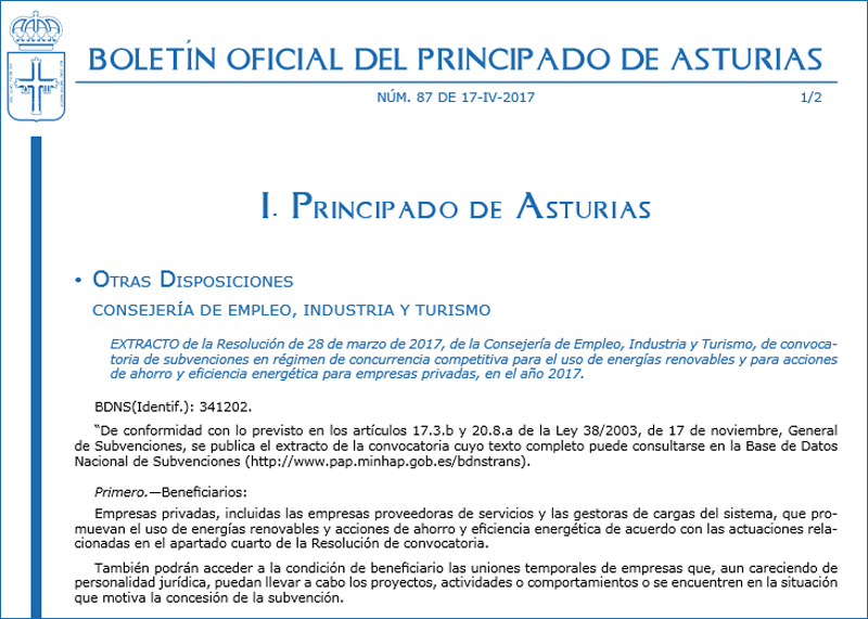 Extracto de la resolución de convocatoria de ayudas para uso de energías renovables y acciones de eficiencia energética para empresas privadas de Asturias. 