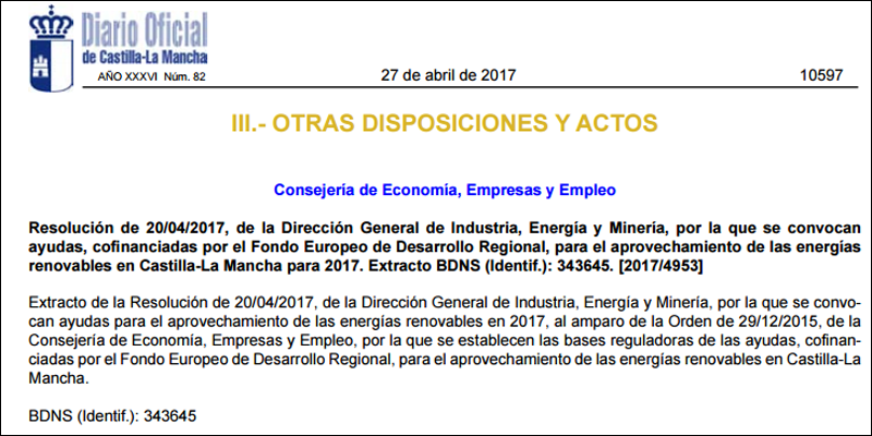 Resolución por la que se convocan ayudas para el aprovechamiento de las energías renovables en Castilla-La Mancha para 2017.
