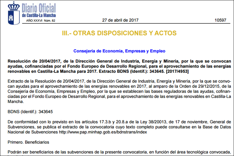 Resolución por la que se convocan ayudas para el aprovechamiento de las energías renovables en Castilla-La Mancha para 2017.