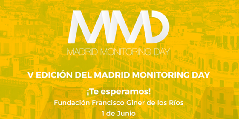Anuncio del la V Edición del Madrid Monitoring Day. Sobre fondo amarillo, aparece el logo de MMD. Rótulos ¡Te esperamos! Fundación Francisco Giner de los Ríos. 1 de Junio. Inscríbete ya en www.monitoringday.com #MMD17