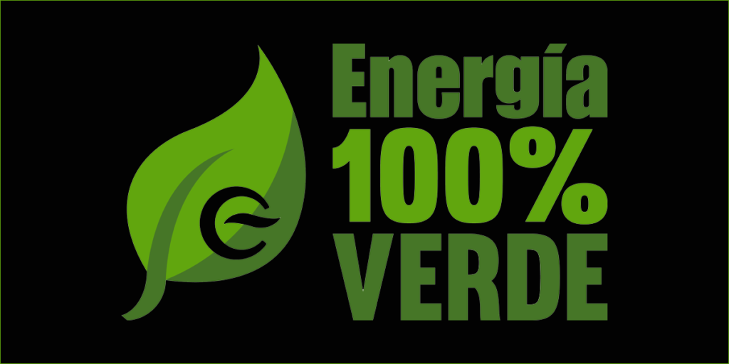 Sello con fondo negro y rótulos en color verde "Energía 100% Renovable", otorgado por CNMC a Fenía Energía.