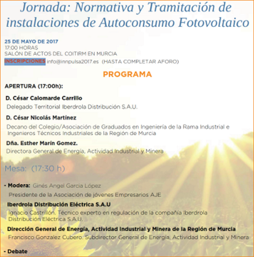 Programa de la Jornada "Normativa y Tramitación de Instalaciones de Autoconsumo Fotovoltaico". 
