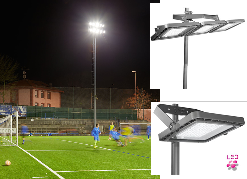 Montaje en el que se observa una fotografía de un campo de fútbol con una luminaria y dos imágenes de las luminarias instaladas por Schréder-Socelec en los estadios de Vizcaya. 