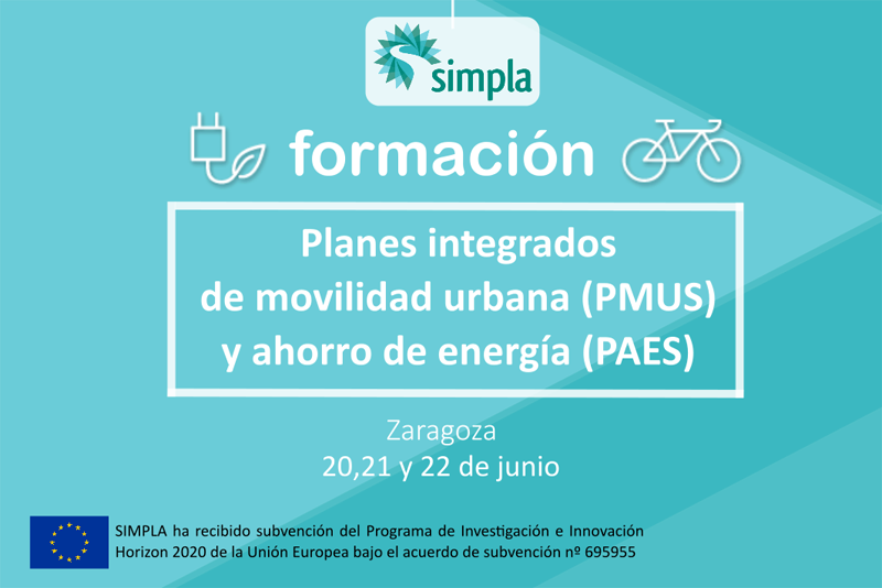 Anuncio de la formación que el Proyecto SIMPLA ofrece sobre Planes Integrados de Movilidad Urbana (PMUS) y Ahorro de Energía (PAES).