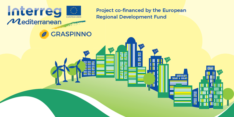 Infografía corporativa del proyecto europeo Graspinno sobre contratación pública verde. Ciudad de edificios con paneles solares sobre sus cubiertas y aerogeneradores junto a los edificios.