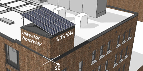 Infografía en la que se ve la azotea de un edificio y en ella una instalación fotovoltaica sobre el hueco del ascensor.
