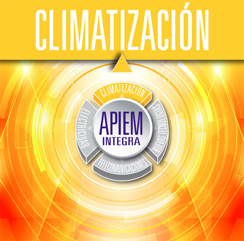 Infografía que representa las secciones integradas en Apiem: Telecomunicaciones, Electricidad, Nuevas Tecnologías y, desde ahora, Climatización. 
