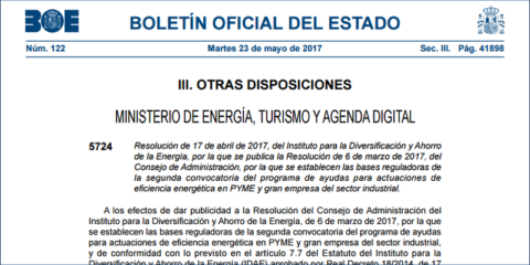 Publicadas las bases reguladoras de las Ayudas IDAE a la Eficiencia Energética en Pymes y Grandes Empresas