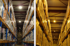 Dos fotos del almacén logistico de bodegas Murviedro muestran las diferencias entre la anterior iluminación y la nueva.