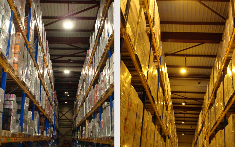 Dos fotos del almacén logistico de bodegas Murviedro muestran las diferencias entre la anterior iluminación y la nueva.