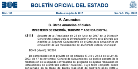 El BOE publica la ampliación de las Ayudas IDAE para Alumbrado Exterior Municipal