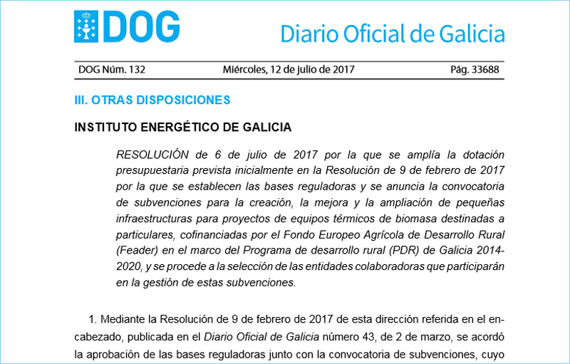 Resolución de 6 de julio de 2017 de INEGA por la que se amplía el prespuesto de las ayudas a instalaciones de biomasa de particulares. 