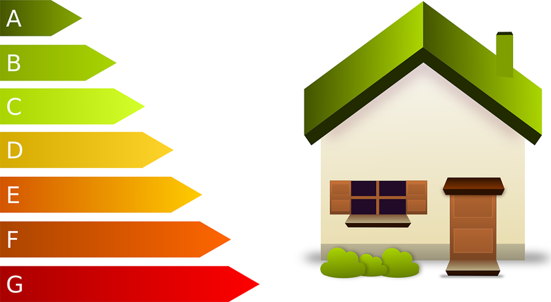 Infografía que muestra una casa y etiquetado de eficiencia energética.