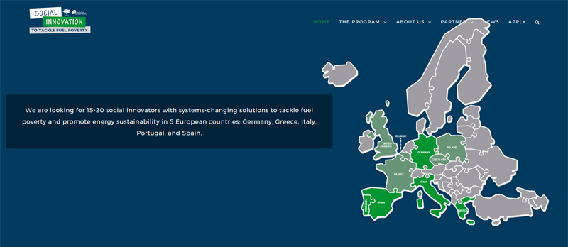 Pantallazo de la página de inicio de la web del programa "Innovación social para hacer frente a la Pobreza Energética". Sobre un fondo azul hay un mapa de Europa. 