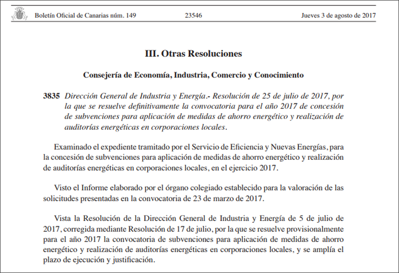 Fragmento de la Resolución de 25 de Julio de 2017 por la que se resuelve la convocatoria para 2017 de concesión de subvenciones para aplicación de medidas de ahorro energético y realización de auditorías energéticas en corporaciones locales. 
