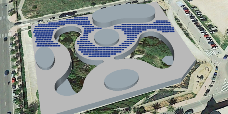 Infografía del proyecto fotovoltaico del centro sociosanitario Santa Rita, en Menorca, con paneles fotovoltaicos sobre la cubierta del edificio.