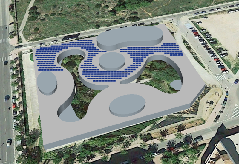 Infografía del proyecto fotovoltaico del centro sociosanitario Santa Rita, en Menorca, con paneles fotovoltaicos sobre la cubierta del edificio. 