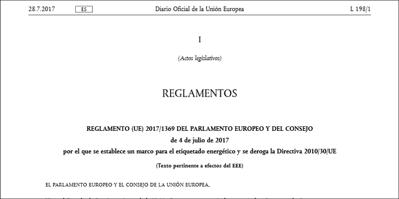 Fragmento de la primera página del Reglamento UE 2017/1369 del Parlameneto Europeo y del Consejo por que se establece un marco para el etiquetado energético y se deroca la Directiva 2010/30 /UE.