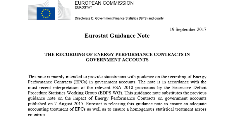 Pantallazo de las primeras líneas de la nota de orientación de Eurostat sobre cómo registrar los contratos de rendimento energético en las cuentas públicas.