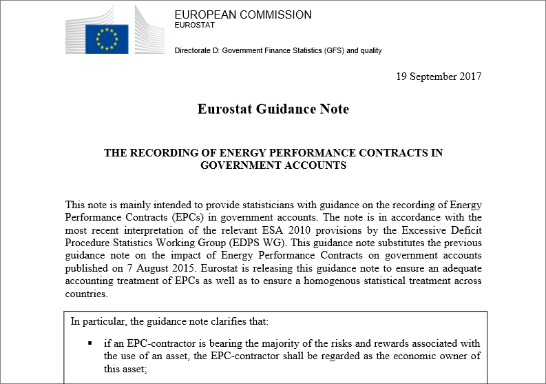 Pantallazo de las primeras líneas de la nota de orientación de Eurostat sobre cómo registrar los contratos de rendimento energético en las cuentas públicas. 