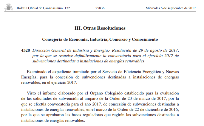 Pantallazo de las primeras líneas de la resolución de 29 de agosto de 2017 publicada en el Boletín Oficial de Canarias por la que se resuelve definitivamente la convocatoria para el ejercicio 2017 de subvenciones destinadas a instalaciones de energías renovables. 