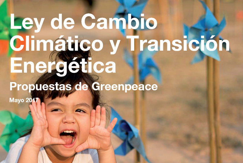 Portada del Informe de Greenpeace que recoge las propuestas para la nueva Ley de Cambio Climático y Transición energética. 