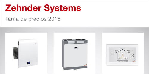 Portada del catálogo Tarifa de precios 2018 de Zehnder, que incorpora la etiqueta energética de las unidades de ventilación.
