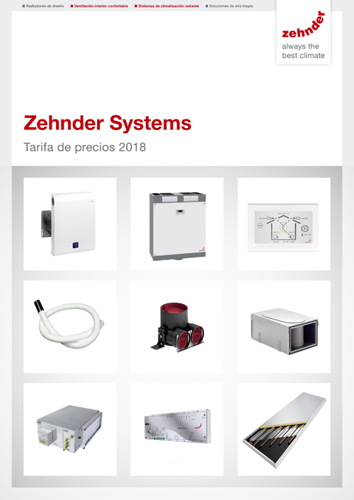 Portada del catálogo Tarifa de precios 2018 de Zehnder, que incorpora la etiqueta energética de las unidades de ventilación. 
