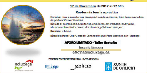 Anuncio de la jornada gratuita de Acluxega sobre geotermia en Santiago de compostela el 17 de noviembre.
