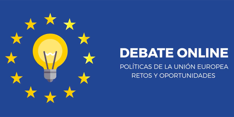 Anuncio del debate online sobre políticas de la unión europea, retos y oportunidades. 